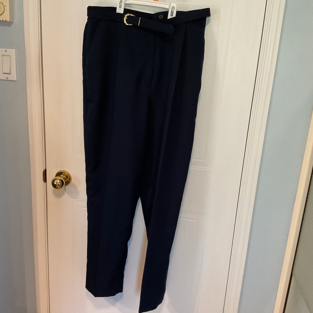 Gloria Vanderbilt Dress Pants Womens 18 Navy Blue Excellent Belted Tapered Leg
